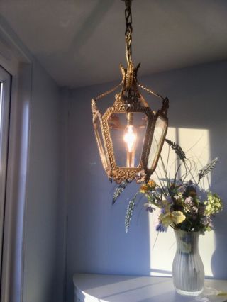 ✨ Pretty ✨vintage French Gilt Brass & Glass 5 Panel Chandelier Lantern / Light✨