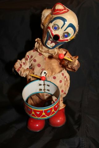 Vintage Metal Creepy Clown W/ Drum Japan Tin Plate Toy Battery Operated ?