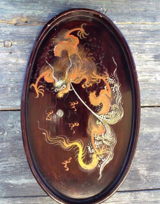 Antique Chinese Dragon Chasing Pearl Of Wisdom Hand Painted Lacquer On Wood Tray