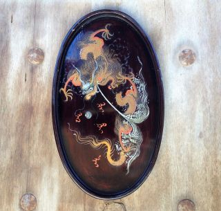 ANTIQUE CHINESE DRAGON CHASING PEARL OF WISDOM HAND PAINTED LACQUER ON WOOD TRAY 2
