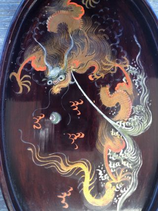 ANTIQUE CHINESE DRAGON CHASING PEARL OF WISDOM HAND PAINTED LACQUER ON WOOD TRAY 3