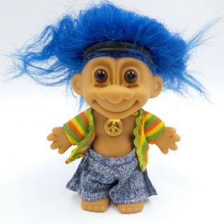5 " Hippie Peace Troll Doll W/ Blue Hair & Russ Foot Sticker,  Rare