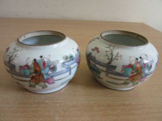 Pair Antique Chinese Porcelain Hand Painted Small Jars / Pots - No Lids