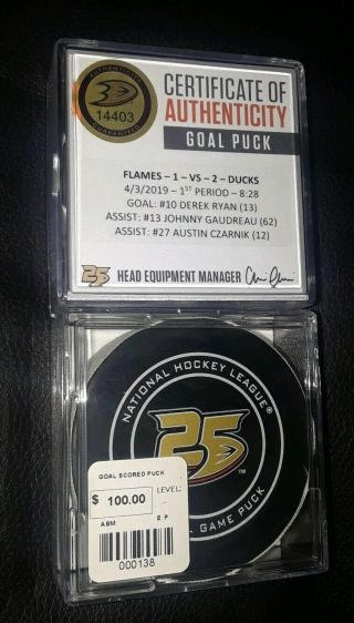 Calgary Flames Derek Ryan Game Goal Puck Anaheim Ducks Johnny Gaudreau Asst
