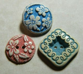 3 Vintage Buffed Celluloid Buttons Flowers Square