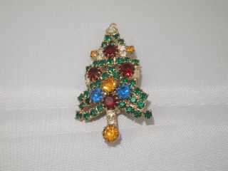 Vintage Multi Color Prong Set Rhinestone Christmas Tree Brooch Pin