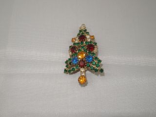 Vintage Multi Color Prong Set Rhinestone Christmas Tree Brooch Pin 2