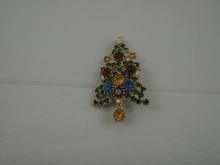 Vintage Multi Color Prong Set Rhinestone Christmas Tree Brooch Pin 3
