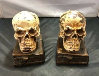 1920s Antique Armor Bronze Co.  Bronze Clad Human Skulls Pair Medical Bookends Hs