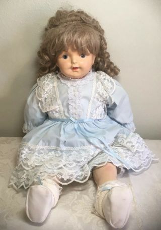 Antique Vintage Composition Doll - Girl In Blue Dress - 22 " Tall