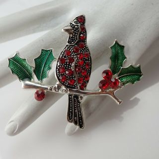 Vtg Holiday Christmas Cardinal Red Rhinestone Holly Leaf Silver Tone Pin Brooch