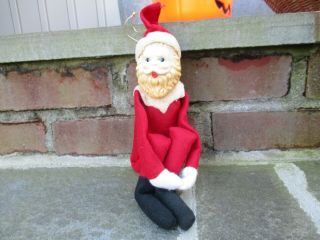 Vintage Christmas Rubber Face Santa Claus Knee Hugger Pixie Elf Felt Plush Japan