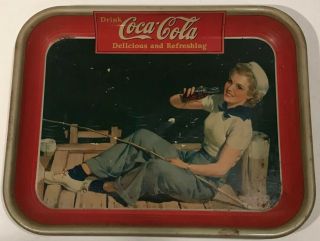 Antique Coca Cola Tray 1940 Sailor Girl Fishing Coke American Art