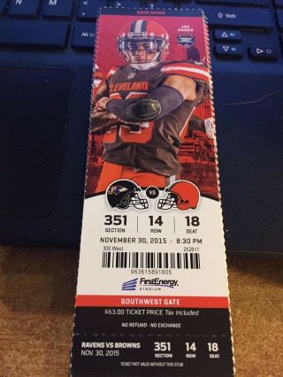 2015 Cleveland Browns Vs Baltimore Ravens Nfl Ticket Stub 11/30 Joe Haden Mnf
