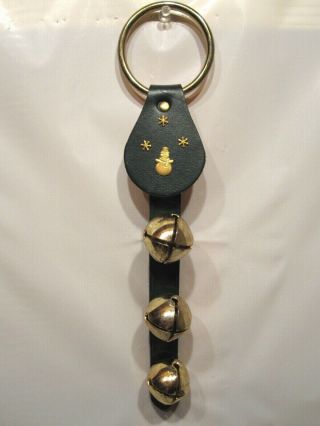 Vintage Sleigh Bells On Green Leather Strap Christmas Holiday Jingle Bell Door