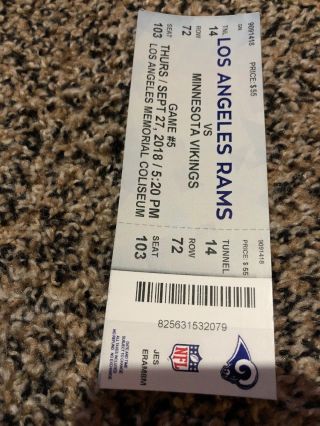 2018 Los Angeles Rams Vs Minnesota Vikings Nfl Football Ticket Stub 9/27
