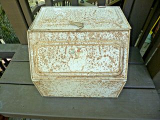 Vintage Metal Bread Box Shabby Chic - Hinged Lid W/ Closure,  Vents & Swivel Door