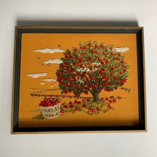 Vintage Completed Finished Crewel Embroidery Apple Tree Orchard 21” X 17” Art