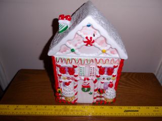 Vintage Christmas Ceramic Ginger Bread House Candyland Cookie Jar Candy Cane
