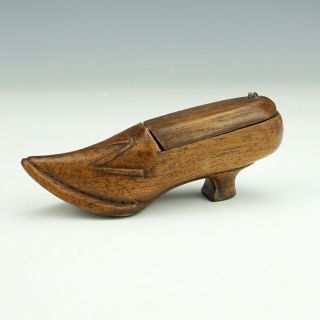 Antique Victorian Hand Carved Wood Shoe Form Snuff Box With F.  N.  Monogram