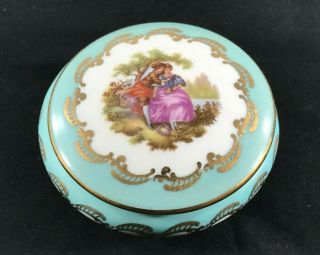 Vintage Limoges Round Porcelain Trinket Box Fragonard Courting Couple Aqua Blue