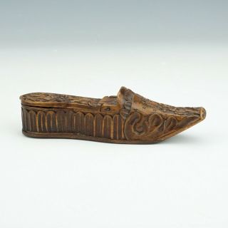 Antique Victorian Hand Carved Wood Shoe Form Snuff Box - Lovely