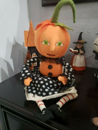 Halloween Primitive Vintage Style Pumpkin Head Doll Bat Shelf Sitter Decor
