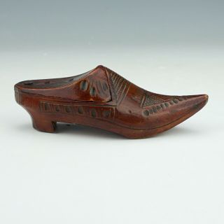Antique 19th C Hand Carved Wood Shoe Form Snuff Box - Lovely