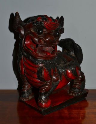 Old Or Antique Chinese Carved And Lacquered Hardwood Foo Dog Lion