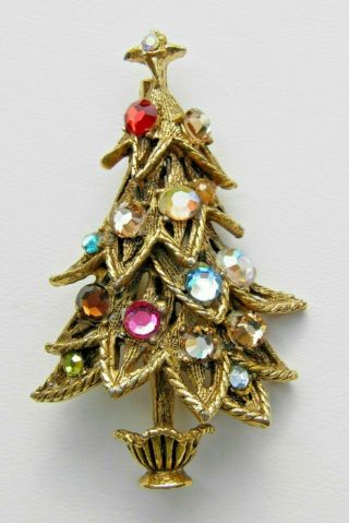 Vintage Hollycraft Christmas Tree Pin Holiday Brooch Multi Color Stones