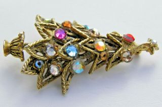 Vintage HOLLYCRAFT Christmas Tree Pin Holiday Brooch Multi Color Stones 3
