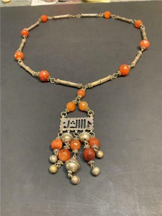 Antique Middle Eastern Sterling Silver And Faceted Large Carnelian Necklace