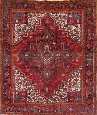 Vintage Geometric RED Heriz Serapi Area Rug Hand - Knotted Oriental Carpet 7 ' x9 ' 2