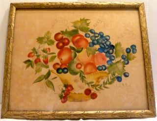 Antique Theorem Still Life Fruit Velvet Oil Painting Folk Art Carved Wood Frame
