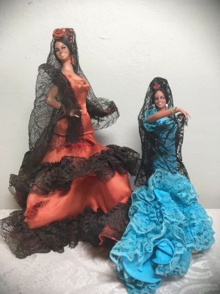 2 Vtg Spanish Doll Marin Chiclana Espana Souvenir Flamenco Dancer - Blue Orange