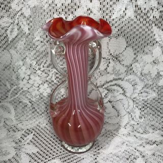 Vtg Cranberry Optic Red White Candy Cane Stripe Ruffled Wavy Top Art Glass Vase