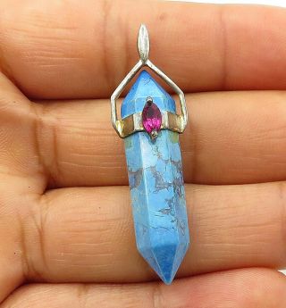925 Sterling Silver - Vintage Pink Topaz Accented Turquoise Wand Pendant - P8725