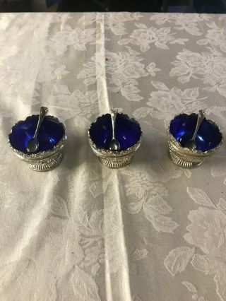 3 Godinger Vintage Salt Cellars - Cobalt Blue Glass - Silver Plate With Spoons.