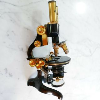 Antique Vintage Microscope Leitz Wetzlar Germany Binocular,  3 Leitz Objectives