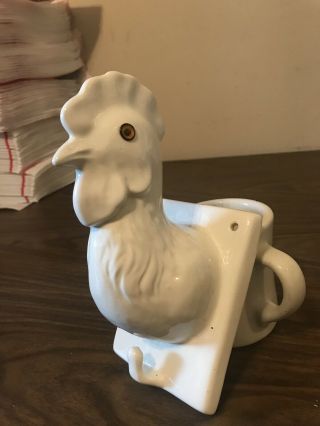 Vintage Ceramic Rooster Wall Hook Hanger for Country Kitchens White Gold Eyes 3