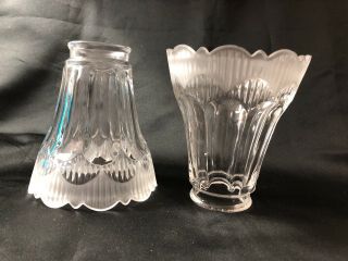 Crystal Glass Vintage Scalloped Frosted /clear Ribbed Lamp Shades Set Of 2 Gc