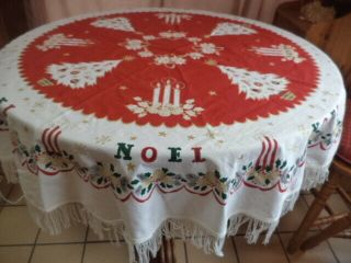 Vintage 65 " Round Christmas Tablecloth W/fringe,  Candles,  Christmas Tree & Noel