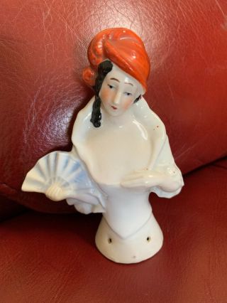 Vintage Antique Art Deco Lady Fan Hat Germany Porcelain Half Doll Pincushion