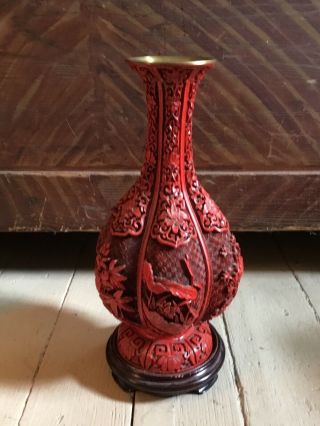 Antique Chinese Cinnabar Lacquer Large Vase Stand 12 1/2” Sticker