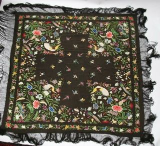 Exquisite Antique Canton Chinese Embroidered Silk Piano Shawl C.  1860