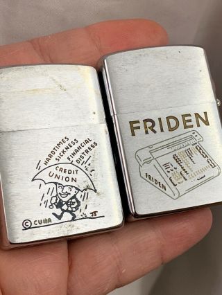 2 Zippo Lighters With Graphics 1962 Credit Union & 1958 2 Sided Friden
