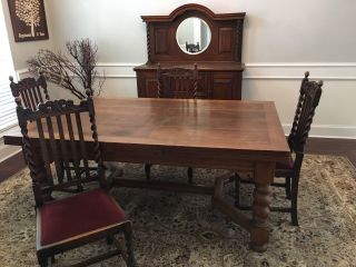 English Oak Barley Twist Expandable Dining Table,  Chairs,  Buffet