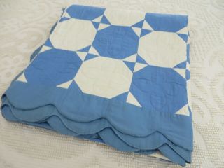 Vtg Antique Quilt Blue White Patchwork Hand Stitched Scalloped 83x72