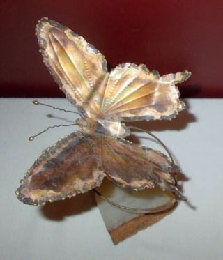 Vintage Metal Art Sculpture Butterfly On Quartz Stone Base Figurine ^