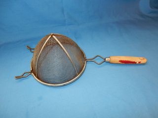 Vintage Large Kitchen Strainer Wood Red Handle Chipped Off Paint 13 " X 6.  25 "